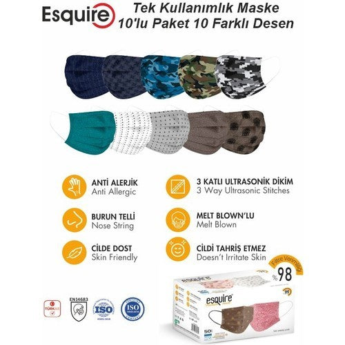 Maske Tek Kullanımlık Yetişkinler İçin 10 Farklı Desen 50 Adet